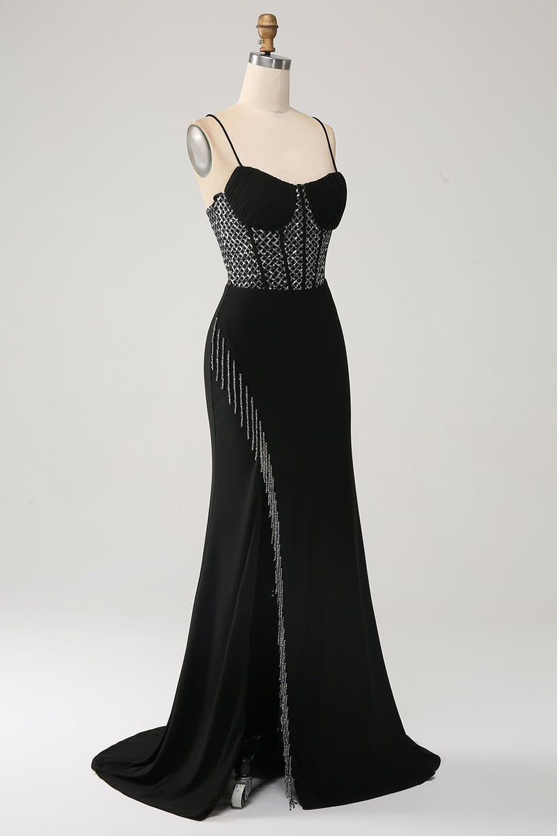 Load image into Gallery viewer, Mermaid Black Spaghetti Straps Long Corset Prom Dress with Slit