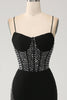 Load image into Gallery viewer, Mermaid Black Spaghetti Straps Long Corset Prom Dress with Slit