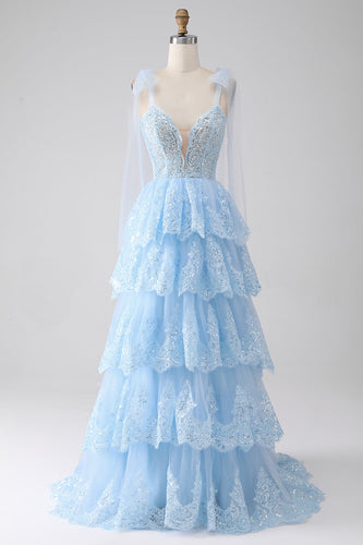 Light Blue Spaghetti Straps Tiered Tulle Sequin Prom Dress with Appliques