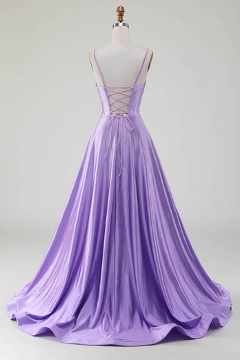 Simple Sparkly Lilac A-Line Side Slit Corset Prom Dresses with Rhinestones