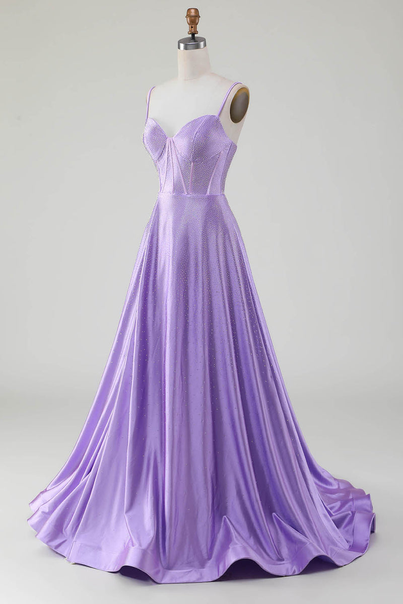 Load image into Gallery viewer, Simple Sparkly Lilac A-Line Side Slit Corset Prom Dresses with Rhinestones