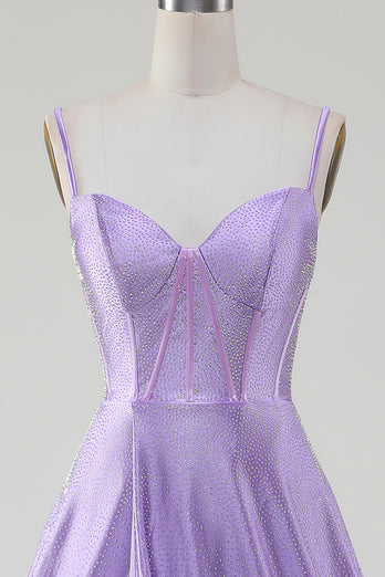 Simple Sparkly Lilac A-Line Side Slit Corset Prom Dresses with Rhinestones