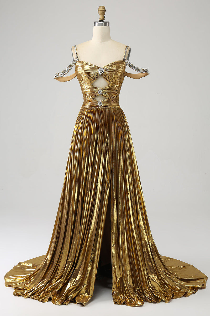 Load image into Gallery viewer, Stunning A Line Off the Shoulder Gold Long Prom Dress with Keyhole