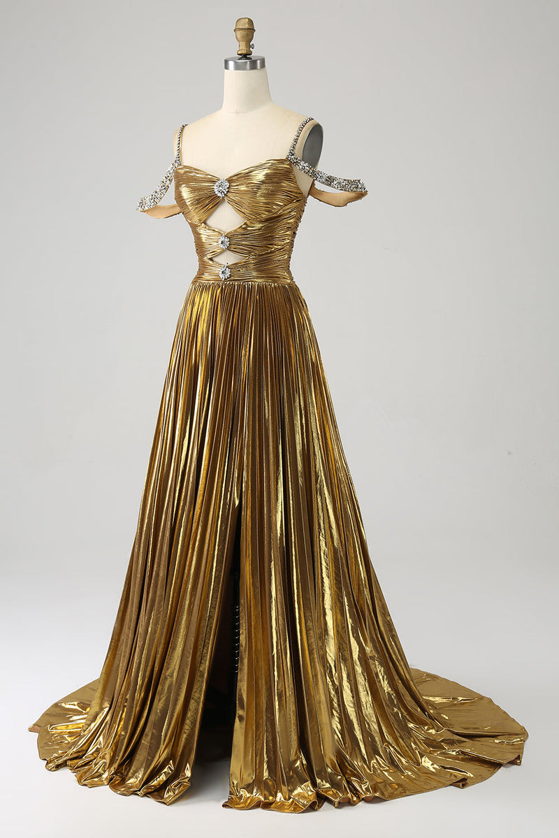 Load image into Gallery viewer, Stunning A Line Off the Shoulder Gold Long Prom Dress with Keyhole