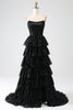 Load image into Gallery viewer, A-Line Sequins Black Tiered Prom Dress with Slit