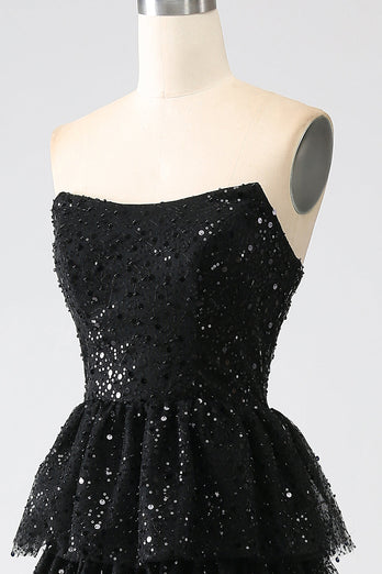 A-Line Sequins Black Tiered Prom Dress with Slit