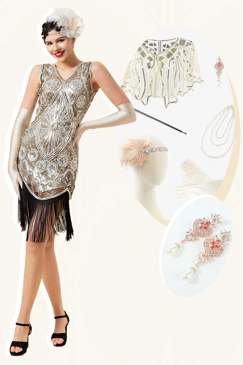 Load image into Gallery viewer, Silver Fringe Sequin 1920s Flapper Dress With 20s Accessories Set