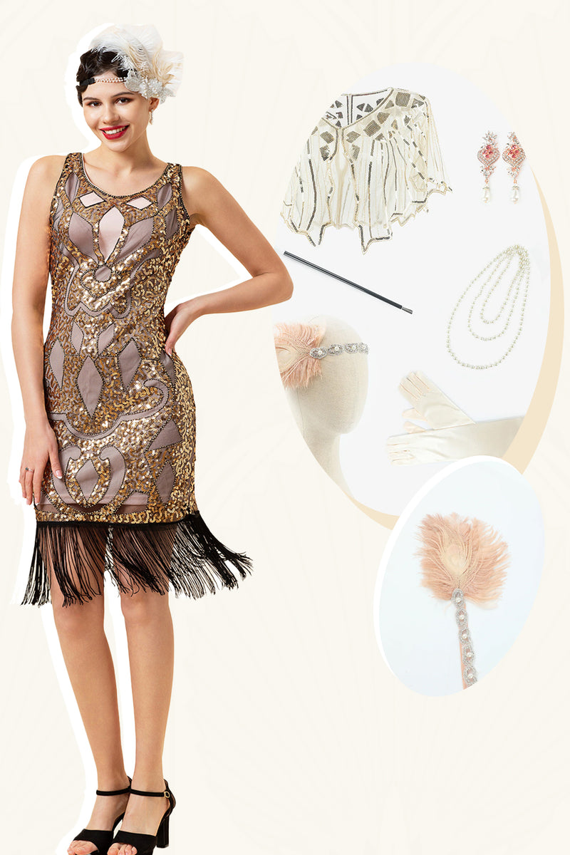 Load image into Gallery viewer, Golden 1920s Gatsby Dress With 20s Accessories Set