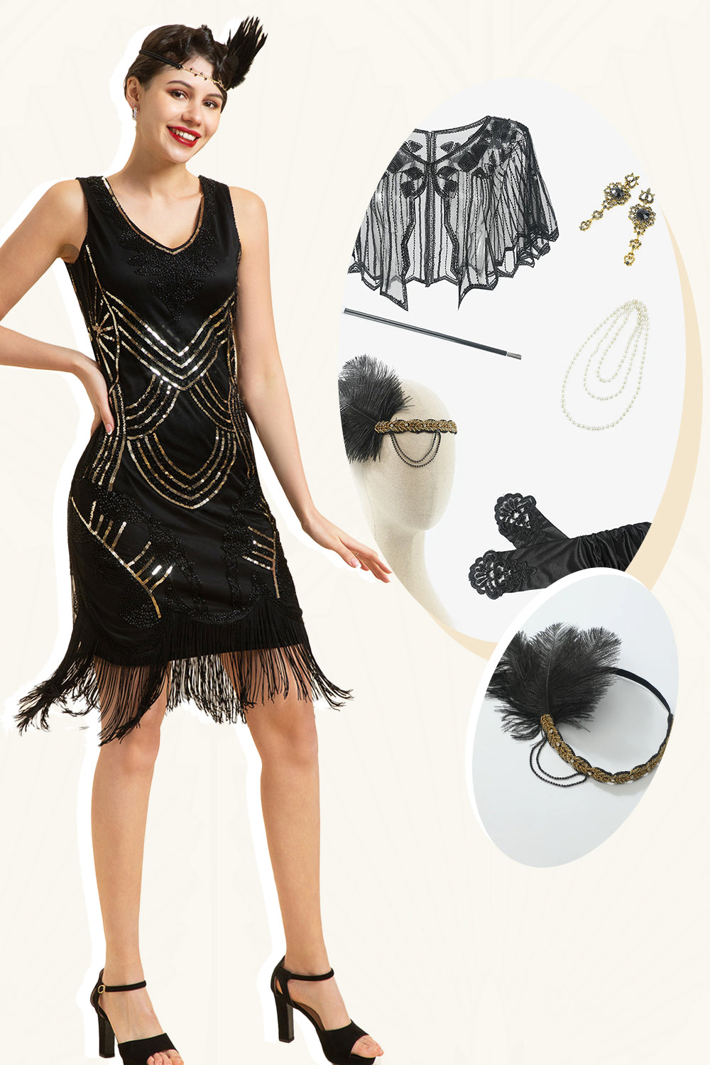 Black Party Sequins 1920s Dress With 20s Accessories Set