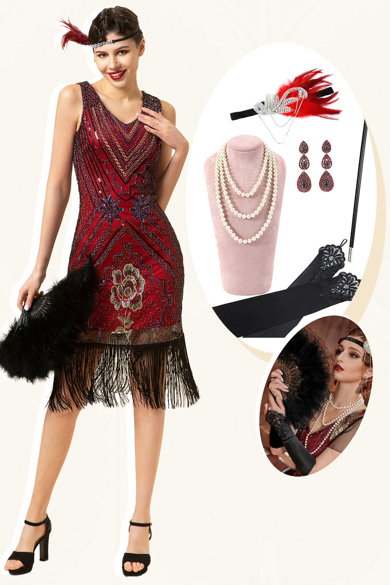 Load image into Gallery viewer, Burgundy Sleeveless 1920s Gatsby Dress With 20s Accessories Set