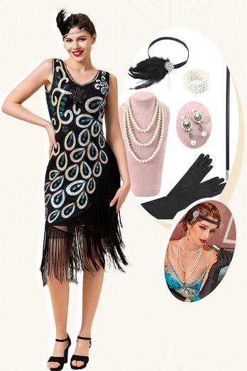 Irregular Tassel Hem Fringe 1920s Dress With 20s Accessories Set