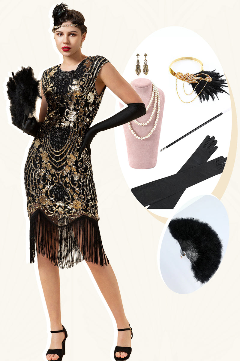 Load image into Gallery viewer, Black Sequins Tassel 1920s Dress With 20s Accessories Set