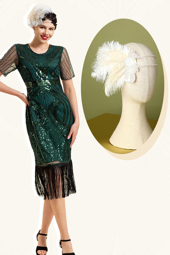 Dark Green Beaded Fringe 1920s Dress With 20s Accessories Set