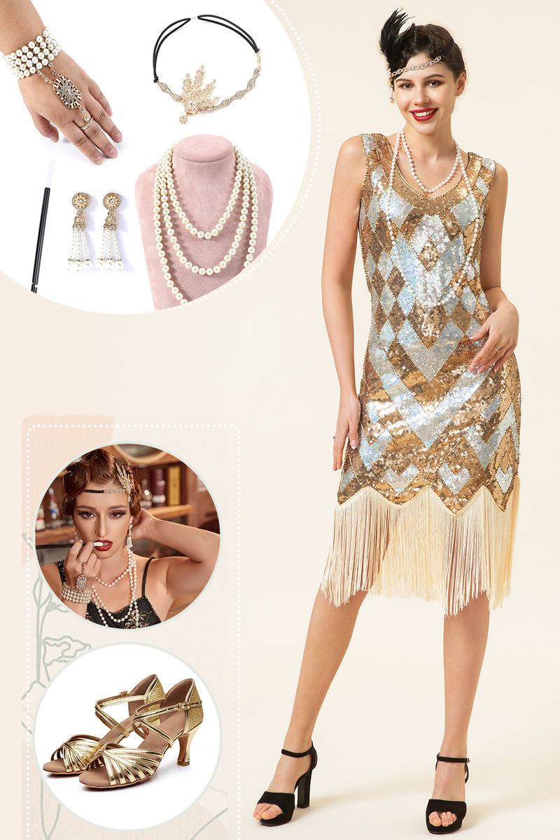 Load image into Gallery viewer, Golden Sequins Fringe 1920s Dress with 20s Accessories Set