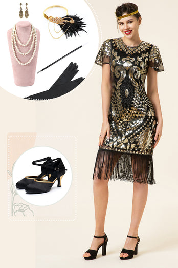 Black and Gold Sequin 1920 Dress with 20s Accessories Set