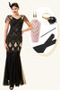 Load image into Gallery viewer, V Neck Black and Gold Sequins 1920s Dress With 20s Accessories Set