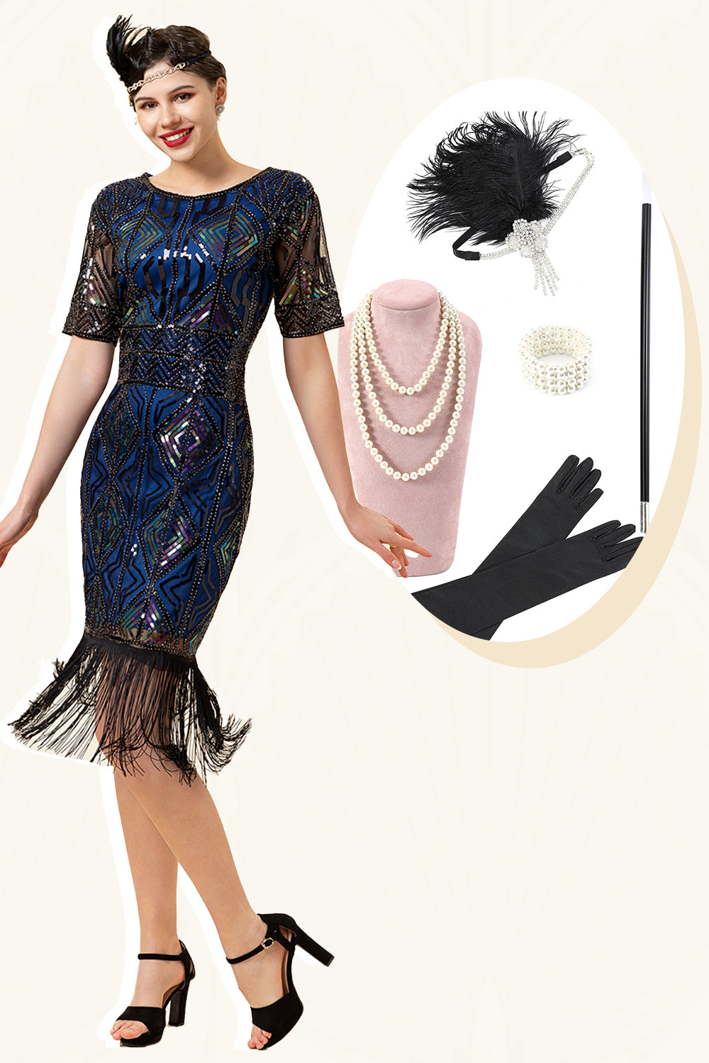 Blue Sequins Fringe Gatsby 1920s Dress With 20s Accessories Set