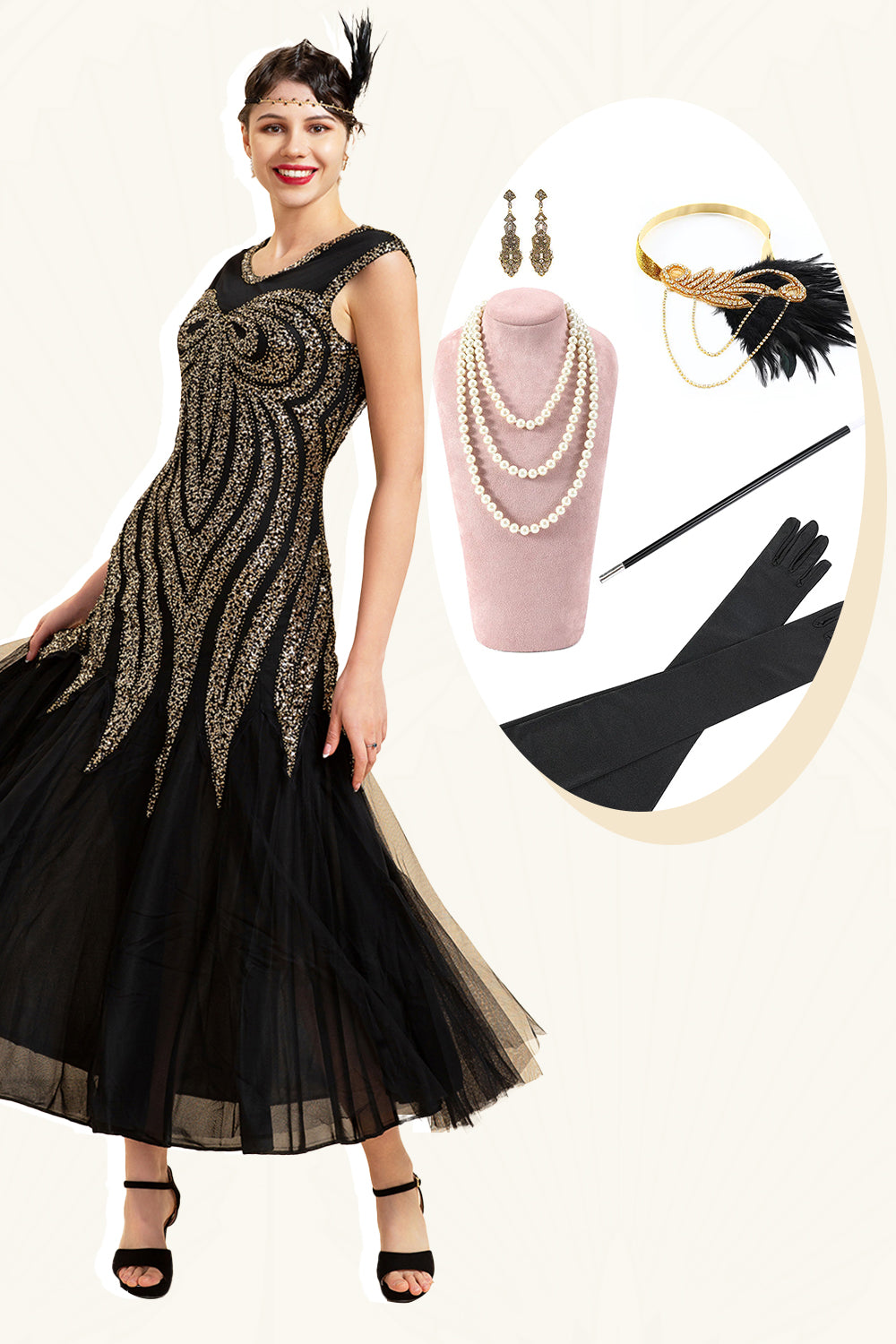 Black Golden Sequins Long Formal Dress With 20s Accessories Set