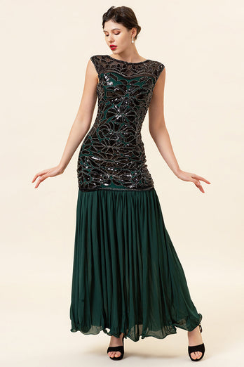 Green Beading Long Flapper Dress with 1920s Accessories Set