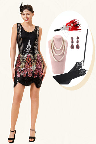 Red Sequins Fringes Flapper Dress with 20s Accessories Set