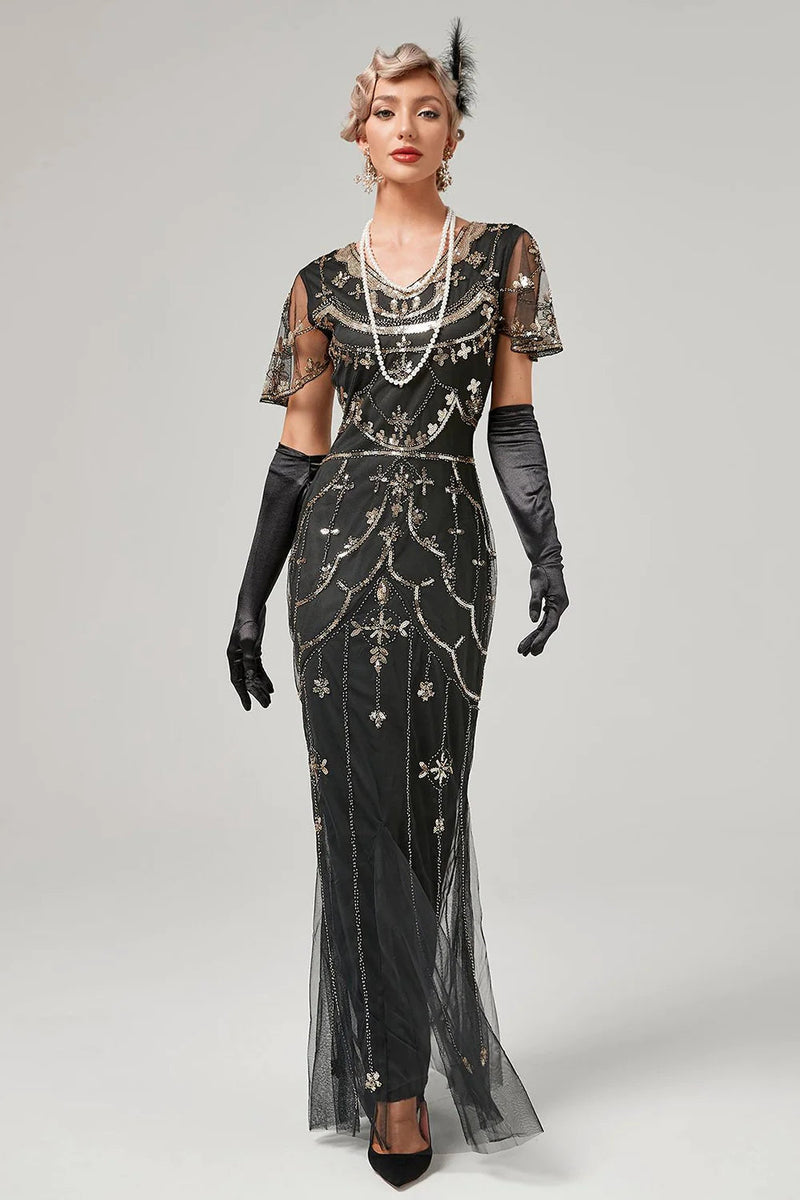 Load image into Gallery viewer, Green Beaded Long Flapper Dress with 1920s Accessories Set