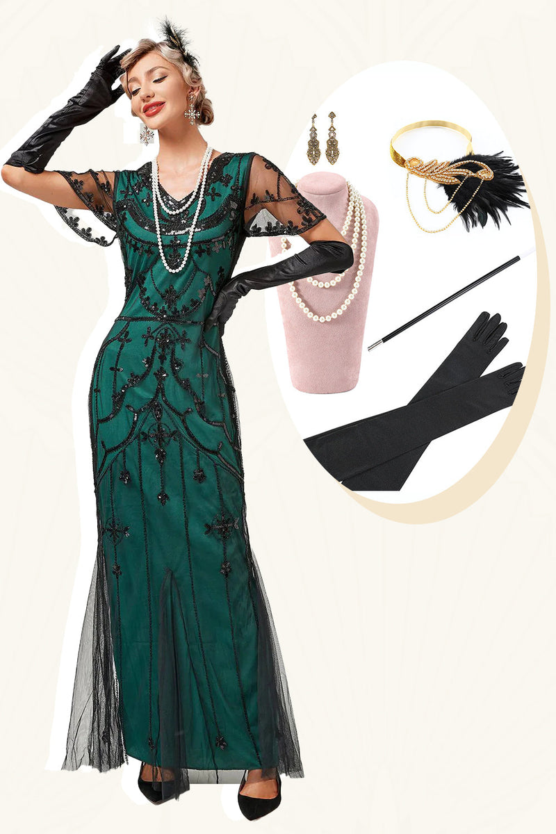 Load image into Gallery viewer, Green Beaded Long Flapper Dress with 1920s Accessories Set