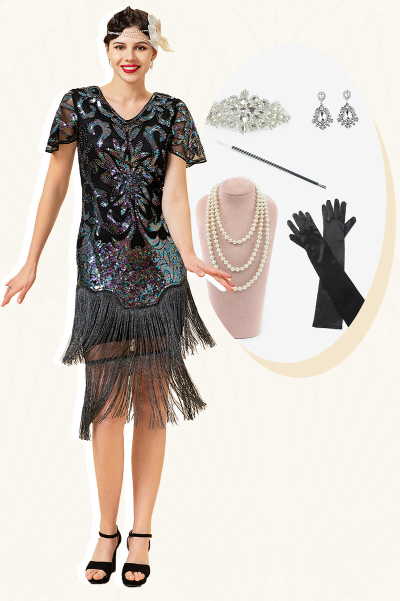 Load image into Gallery viewer, Black Sequins Fringed Gatsby Dress with 20s Accessories Set