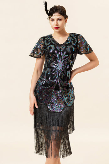 Black Sequins Fringed Gatsby Dress with 20s Accessories Set