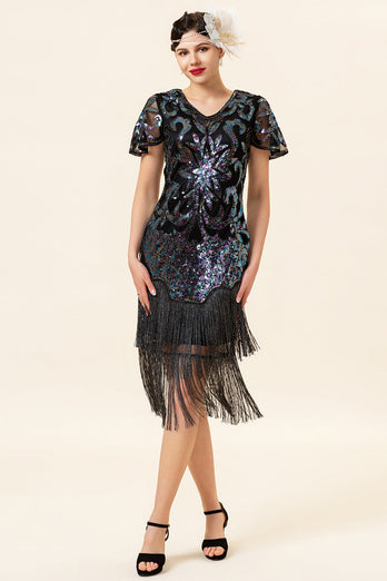 Black Sequins Fringed Gatsby Dress with 20s Accessories Set