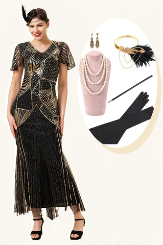 Sequins Golden Long Flapper Dress with 20s Accessories Set