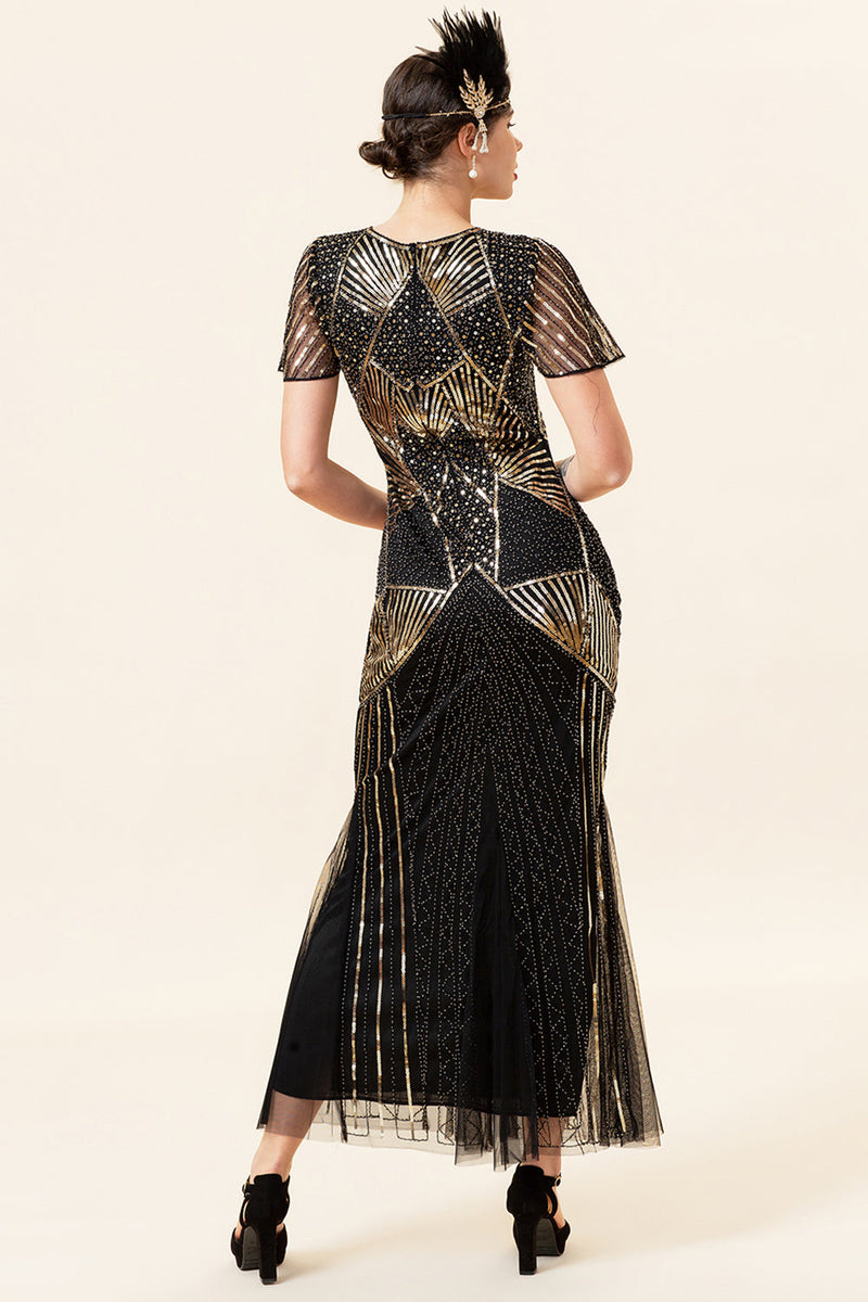 Load image into Gallery viewer, Sequins Golden Long Flapper Dress with 20s Accessories Set