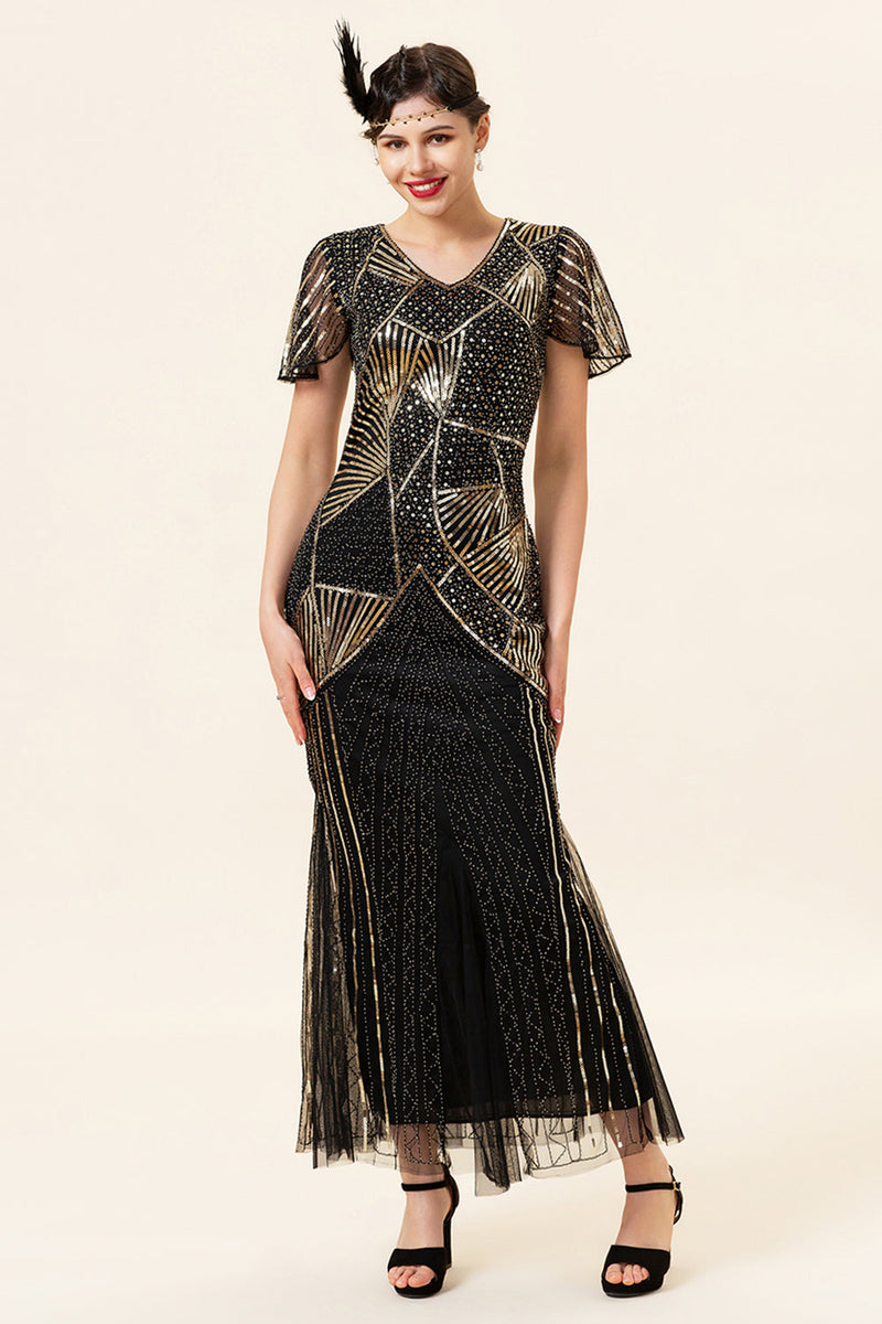 Load image into Gallery viewer, Sequins Golden Long Flapper Dress with 20s Accessories Set