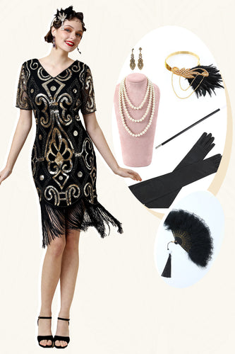 Vintage Fringed Glitter Flapper Dress with 1920s Accessories Set