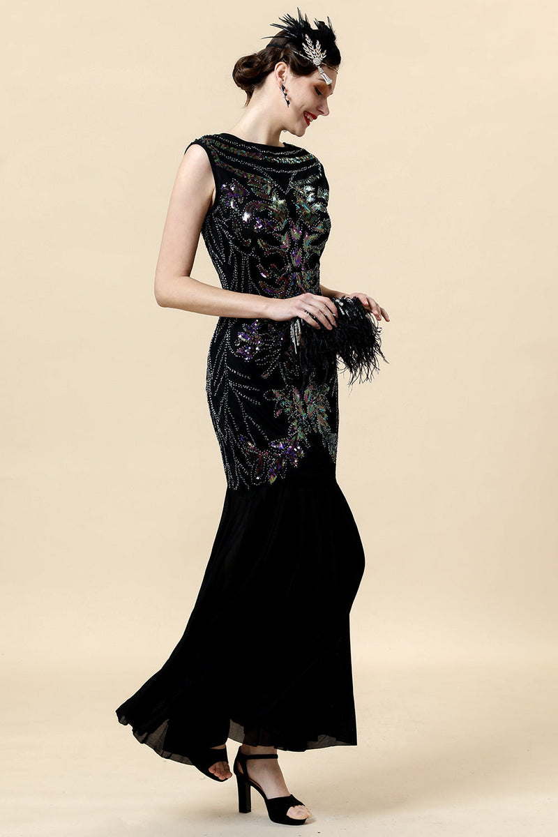 Load image into Gallery viewer, Black Sequins Long Gatsby Dress with 20s Accessories Set