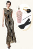 Load image into Gallery viewer, Golden Sequins Glitter Long Flapper Dress with 20s Accessories Set