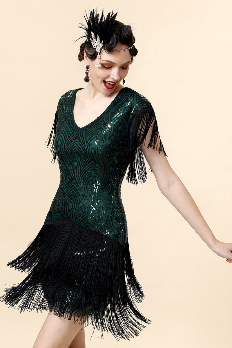 Load image into Gallery viewer, Fringed Green Sequins Flapper Dress with 1920s Accessories Set