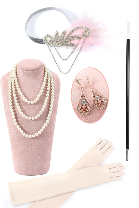 Load image into Gallery viewer, Beaded Pink Fringed Flapper Dress with 1920s Accessories Set