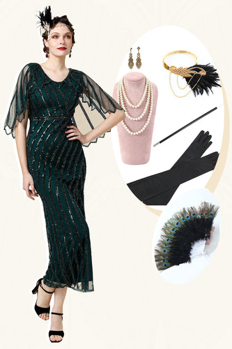 Beaded Glitter Green Flapper Dress with 1920s Accessories Set