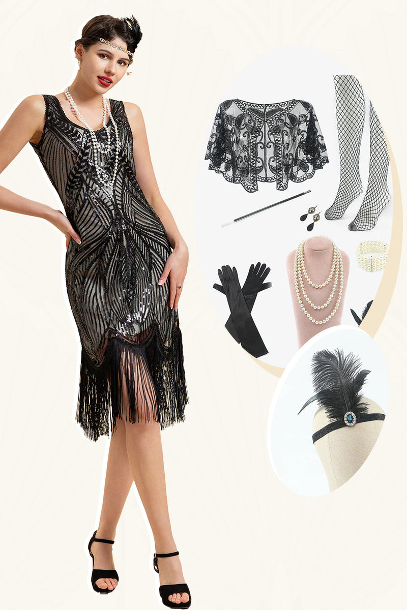 Load image into Gallery viewer, Sequins Fringed Flapper Dress with 1920s Accessories Set