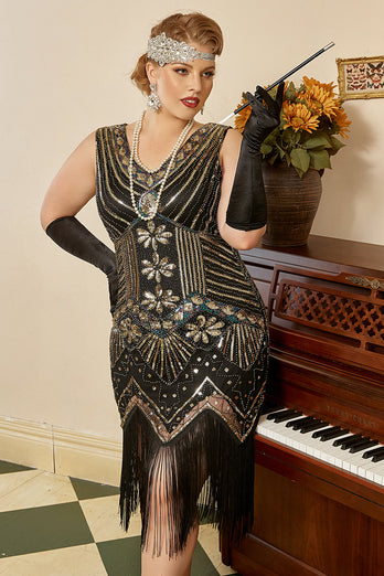 Black Golden Sequins Plus Size 1920s Gatsby Dress with 20s Acessories Set