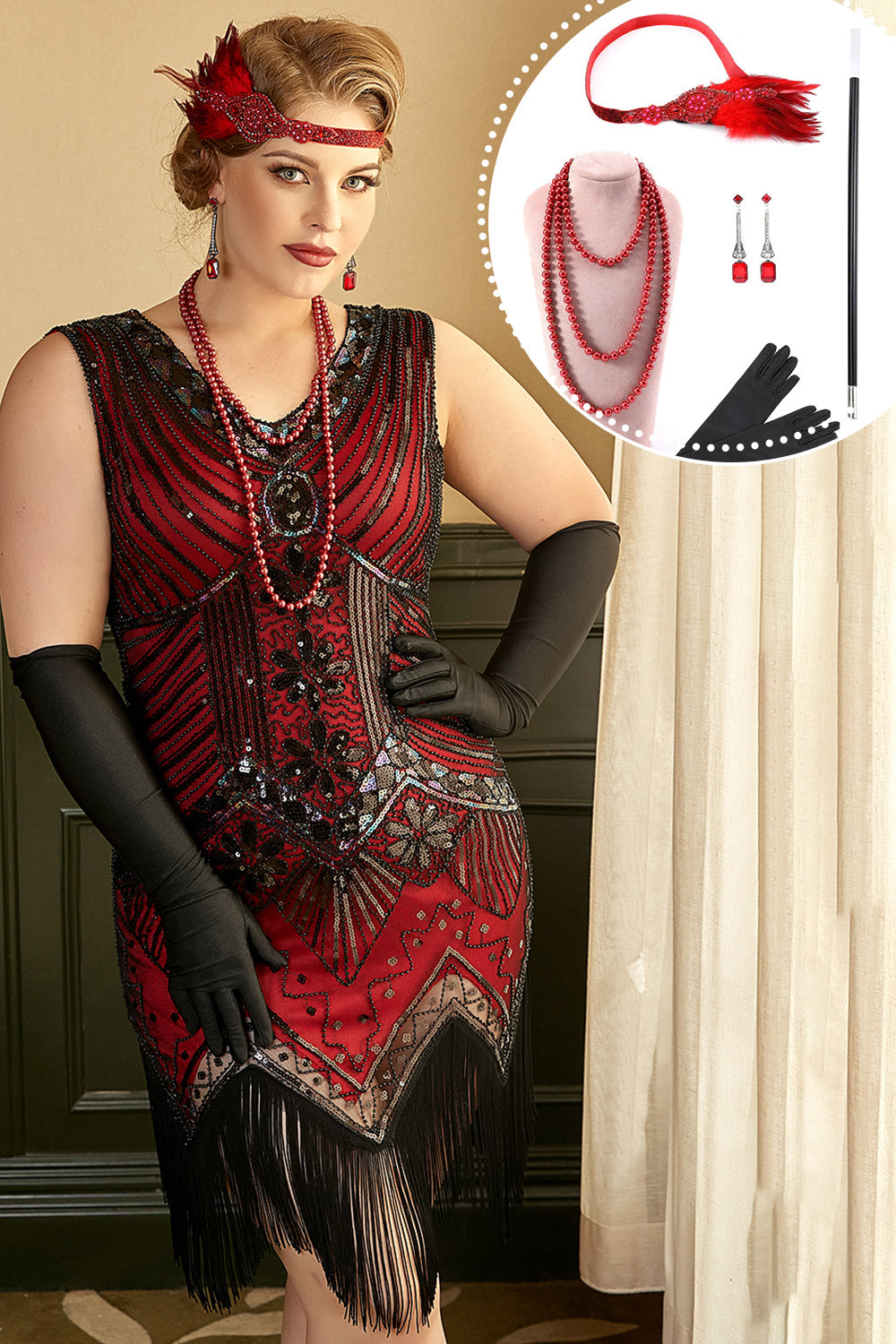 Red Plus Size 1920s Gatsby Dress with 20s Acessories Set