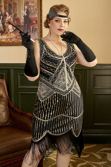 Black Golden 1920s Plus Size Dress with 20s Accessories Set