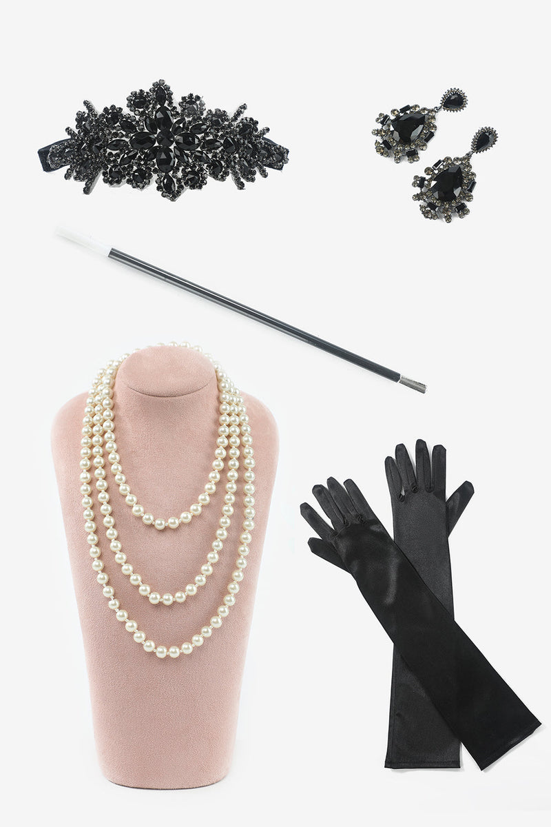 Load image into Gallery viewer, Black Short Sleeves 1920s Plus Size Dress with 20s Accessories Set