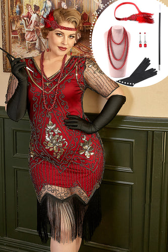 Golden and Red 1920s Plus Size Dress with 20s Accessories Set