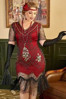 Golden and Red 1920s Plus Size Dress with 20s Accessories Set