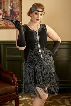 Black Fringes 1920s Plus Size Gatsby Dress with 20s Accessories Set