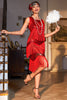 Load image into Gallery viewer, Sparkly Red Sequined Fringed 1920s Gatsby Dress with 20s Accessories