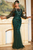 Load image into Gallery viewer, Sparkly Dark Green Sequined Long 1920s Flapper Dress with 20s Accessories