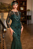 Load image into Gallery viewer, Sparkly Dark Green Sequined Long 1920s Flapper Dress with 20s Accessories