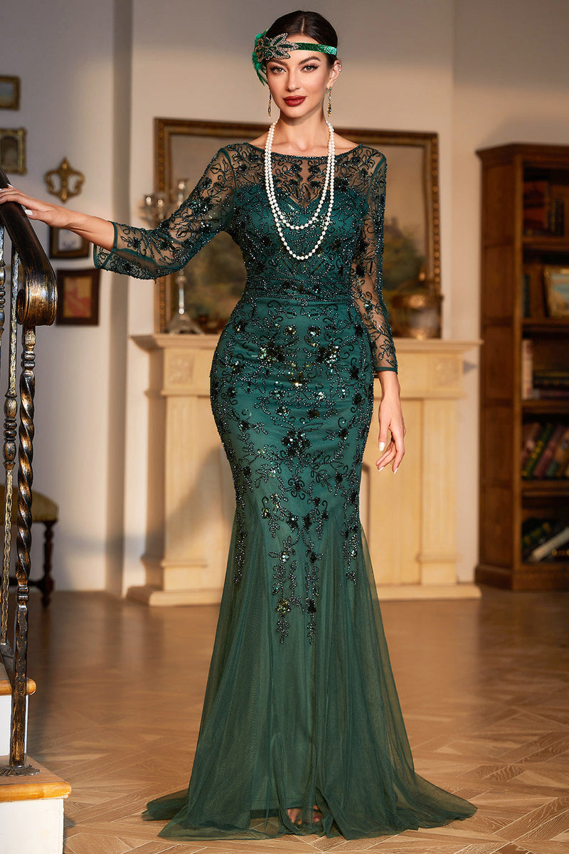 Load image into Gallery viewer, Sparkly Dark Green Sequined Long 1920s Flapper Dress with 20s Accessories